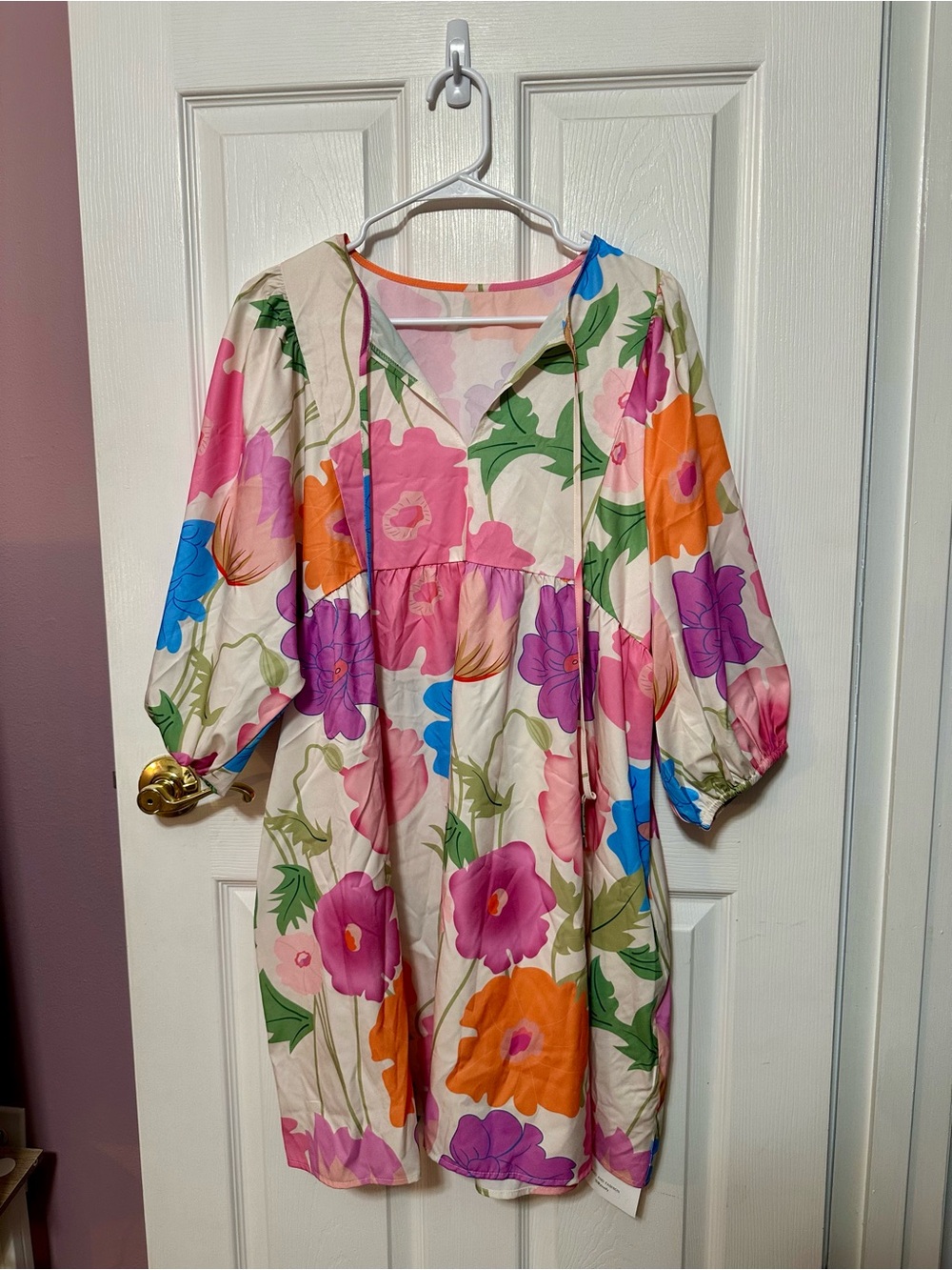 Yousify Lg NWT Floral Pop Peasant Dress in Cream, Pink, Orange & Blue